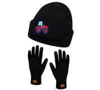 Geyoga Animal Embroidered Women Winter Hat Gloves Set Gift for Teacher Christmas Beanie Gloves for Dachshund Sausage Dog, Fox, Bee, Robin Highland Cattle Horse Lover(Black,Tractor)