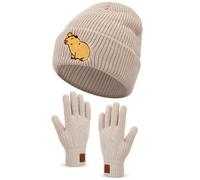 Geyoga Animal Embroidered Women Winter Hat Gloves Set Gift for Teacher Christmas Beanie Gloves for Dachshund Sausage Dog, Fox, Bee, Robin Highland Cattle Horse Lover(Light Brown,Capybara)