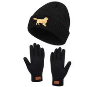 Geyoga Animal Embroidered Women Winter Hat Gloves Set Gift for Teacher Christmas Beanie Gloves for Dachshund Sausage Dog, Fox, Bee, Robin Highland Cattle Horse Lover(Black,Golden Retriever Dog)
