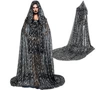 Geyoga Black Celestial Witch Costume Halloween Wedding Tulle Cape Hooded Elf Cloak Gothic Costume for Cosplay, Black, 55 inches in the front,about 90 inches at the back