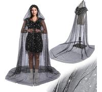 Geyoga Black Celestial Witch Costume Halloween Wedding Tulle Cape Hooded Elf Cloak Gothic Costume for Cosplay, Black, 55 inches in The Front and About 90 inches at The Back