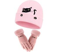Geyoga Cat Ears Beanie and Glove Set for Women Girl Cute Warm Crochet Hat Knitted Winter Slouchy Hat and Glove Gifts for Ladies Christmas Birthday Party Cold Weather(Pink,Elegant Style)