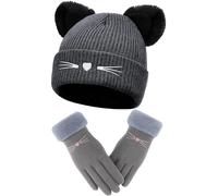 Geyoga Cat Ears Beanie and Glove Set for Women Girl Cute Warm Crochet Hat Knitted Winter Slouchy Hat and Glove Gifts for Ladies Christmas Birthday Party Cold Weather(Grey,Classic Style)