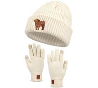 Geyoga Dachshund Sausage Dog Gifts for Women Hat and Gloves Set Warm Embroidered Beanie Winter Hat and Thickened Fleece Gloves Walks Gift Ideas(Creamy White,Highland Cattle)