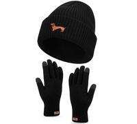 Geyoga Dachshund Sausage Dog Gifts for Women Hat and Gloves Set Warm Embroidered Beanie Winter Hat and Thickened Fleece Gloves Walks Gift Ideas(Black,Dachshund)