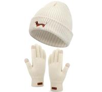 Geyoga Dachshund Sausage Dog Gifts for Women Hat and Gloves Set Warm Embroidered Beanie Winter Hat and Thickened Fleece Gloves Walks Gift Ideas(Creamy White,Dachshund)