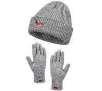 Geyoga Dachshund Sausage Dog Gifts for Women Hat and Gloves Set Warm Embroidered Beanie Winter Hat and Thickened Fleece Gloves Walks Gift Ideas(Gray,Dachshund)