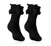 Geyoga Frilly Socks Women Opaque Ruffle Lace with Bow Girls Ankle School Rich Frilly Lace Princess Dress Socks(Black)
