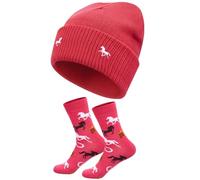 Geyoga Horse Riding and Socks Set, Gifts for Horse Lover Girls Women, Embroidered Clothing If You Can Read This Put Me Back on The Horse' Winter Beanie Hat and Socks(Rose Red)