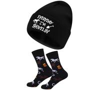 Geyoga Horse Riding Gifts Embroidered Winter Beanie Hat and Sock Everyday I'm Shovellin' Hat for Horse Lover (Black)
