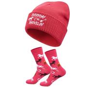 Geyoga Horse Riding Gifts Embroidered Winter Beanie Hat and Sock Everyday I'm Shovellin' Hat for Horse Lover (Rose Red)