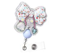 Geyoga Leopard Print Bow Badge Reel Holder ID Name Retractable Clip Lanyard with Beaded Glitter Bling Clip for Nurse Nurses CNA CMA Nursing Healthcare Golden Supplies (Cute Floral Bow)