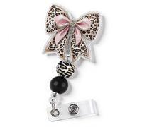 Geyoga Leopard Print Bow Badge Reel Holder ID Name Retractable Clip Lanyard with Cute Beaded Leopard Print Bow Glitter Bling for Nurse Nurses CNA CMA Nursing Healthcare Golden Supplies