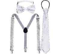 Geyoga Men's Sequin Suspenders Set, Adjustable Y Sequin Suspender Clip, Scaly Sequin Necktie with Bow Tie for Costume Party Accessory (Silver)