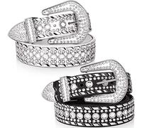 Geyoga Rhinestone Belt for Women 2 Pcs Bling Studded Leather Belt Western Studded Belt Cowgirl Belt, Black and White, Fits Waist Size 31-37 Inch