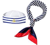 Geyoga Sailor Hat and Scarf Set for Halloween Women Men Outfit with White Sailor Cap Captain Hat Scarf for Costume Accessory(Lovely Style)