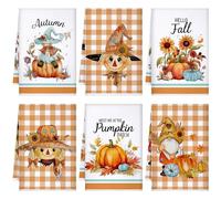 Geyoga Set of 6 Fall Kitchen Towels Pumpkin Autumn Dish Hand Tea Towels for Thanksgiving Kitchen Decorative Absorbent Fast Drying Cloth for Bathroom Cooking 16" x 24"(Orange,Scarecrow)