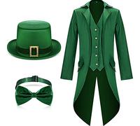 Geyoga St Patrick's Day Outfit Leprechaun Costumes Gothic Vintage Steampunk Tailcoat with Leprechaun Hat Bow Tie, Green, XL