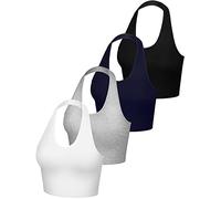 Geyoga Women's 4 Pack Halter V Neck Crop Top Halterneck Tank Tops Backless Tie Back Crop Top Deep V Neck Vest, Black, White, Light Gray, Navy Blue, S