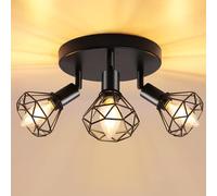 GeyouLux Kitchen Black Spot Light Ceiling, 3 Way Industrial Adjustable Spotlights Adjustable 350° Ceiling Lights Wire Cage with E14 Base(No Bulb), Light Fittings for Kitchen Living Room Hallway
