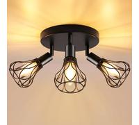 GeyouLux Kitchen Black Spot Light Ceiling, 3 Way Industrial Adjustable Spotlights Adjustable 350° Ceiling Lights Wire Cage with E14 Base(No Bulb), Light Fittings for Kitchen Hallway Living Room