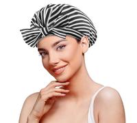Geyrut Shower Cap, Flexible Adjustment Shower Caps for Women Reusable Waterproof Cute ShowerCap with Bow Non-Slip Large Hair Cap for Shower (Stripe)