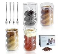 GEYUEYA Home Latte Macchiato Glasses, 4 x 350 ml Double-Walled Coffee Glasses with 4 Stainless Steel Spoons, Transparent, Durable, Insulated, Reusable, Perfect for Home and Parties