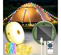 GEYUEYA Home Stowable String Lights 20M / 65FT, Solar Camping String Lights Reel, USB Rechargeable,3600mAh, Retractable Solar Camping Lights for Tents Tent, RV, Yard, Party,Warm White+Multicolor