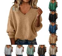 Gezqieunk Ladies Long Tops Womens Short Sleeve Cardigans Ladies Jumpers Cashmere Knitted Sweaters Low Neck V Neck Sweatshirts Long Sleeve Tops Womens Fashion Solid Color Christmas Pullover Khaki XL