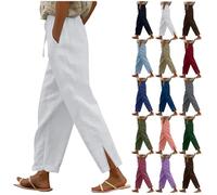 Gezqieunk Linen Trousers Womens, Cotton Linen Trousers Womens UK Solid Color Trouser Ladies Summer Lounge Pants Casual Straight Leg Bottoms Plain Loose Fit Full Length Pant with Pockets, White XL