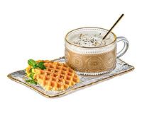 Gezzeny Vintage Coffee Mugs Set, Glass Cups Set with Saucer and Spoon, Clear Embossed Tea Breakfast Dessert Plate for Cappuccino, Latte, Cereal, Milk, Home Office Party, Golden, 3 Piece