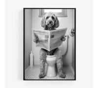 gfc Funny Bathroom Toilet animal Print Picture Poster cockapoo cavapoo black white 1 dog on a toilet reading newspaper A4 UNFRAMED wall art Home decor Decorating
