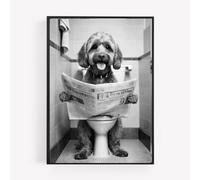 gfc Funny Bathroom Toilet animal Print Picture Poster cockapoo cavapoo black white dog on a toilet reading newspaper A4 UNFRAMED wall art Home decor Decorating
