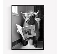 gfc Funny Bathroom Toilet animal Print Picture Poster highland cow on a toilet reading newspaper A4 UNFRAMED wall art Home decor Decorating