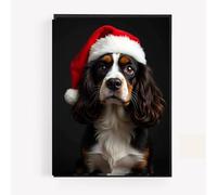 gfc king charles cavalier christmas dog Print Picture Poster santa hat portrait A4 UNFRAMED wall art Home decor Decorating colour
