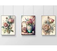 gfc pink cream roses Print Picture Poster Gift A4 UNFRAMED shabby chic vase country wall art Home decor Kitchen price for set of 3