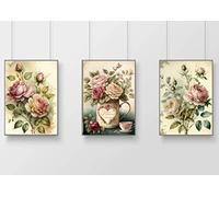 gfc pink cream roses Print Picture Poster Gift A4 UNFRAMED shabby chic vase country wall art vase mason jar Home decor Kitchen price for set of 3