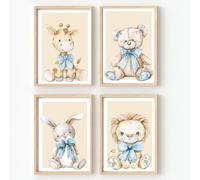gfc SET OF 4 NURSERY GIRAFFE TEDDY LION BUNNY RABIT BABY NEUTRAL BABY BOY GIRL animal Print Picture Poster A4 UNFRAMED wall art Home decor Decorating