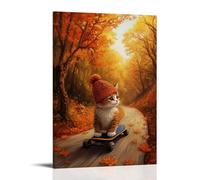 GFGPSALZU A Cat in A Beanie Riding A Longboard Down A Hill Lined with Autumn Trees. Fashionable Wall Decor - Hanging Art Poster And Mural24x36inch(60x90cm)