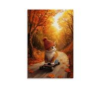 GFGPSALZU A Cat in A Beanie Riding A Longboard Down A Hill Lined with Autumn Trees. Fashionable Wall Decor - Hanging Art Poster And Mural16x24inch(40x60cm)