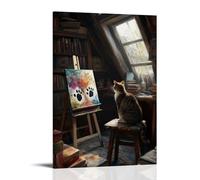 GFGPSALZU A Cat Painting Abstract Art with Paw Prints in A Cozy Attic Studio Full of Vintage Books Fashionable Wall Decor - Hanging Art Poster And Mural08x12inch(20x30cm)