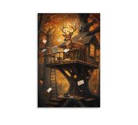 GFGPSALZU A Deer Writing Postcards in A Treehouse with Paper Scattered And Autumn Leaves Falling Fashionable Wall Decor - Hanging Art Poster And Mural16x24inch(40x60cm)