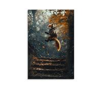 GFGPSALZU A Fox Wearing Headphones Ollies over A Set of Stairs, Music Notes Trailing in The Air. Fashionable Wall Decor - Hanging Art Poster And Mural12x18inch(30x45cm)