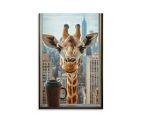 GFGPSALZU A Giraffe Peeking through A City High-rise Window with Binoculars And Coffee Mug Fashionable Wall Decor - Hanging Art Poster And Mural08x12inch(20x30cm)