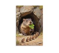 GFGPSALZU A Groundhog Pokes Its Head Out of The Cave, Holding A Clover in Its Mouth, Followed by A String of Little Groundhogs Fashionable Wall Decor - Hanging Art Poster And Mural16x24inch(40x60cm)