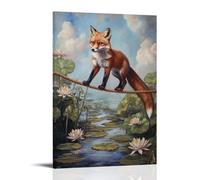 GFGPSALZU Animal Oil Painting- A Fox Balancing on A Circus Tightrope over A Pond of Water Lilies Fashionable Wall Decor - Hanging Art Poster And Mural16x24inch(40x60cm)