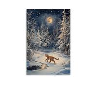 GFGPSALZU Animal Oil Painting- A Lynx Figure Skating Across A Frozen Pond in A Moonlit Winter Forest Fashionable Wall Decor - Hanging Art Poster And Mural08x12inch(20x30cm)