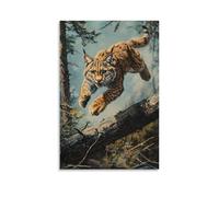 GFGPSALZU Animal Oil Painting- A Lynx Sprinting over Hurdles in A Forest Obstacle Race, Fully Airborne Fashionable Wall Decor - Hanging Art Poster And Mural08x12inch(20x30cm)
