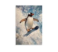 GFGPSALZU Animal Oil Painting- A Penguin Snowboarding Downhill through Icy Terrain, Arms Out for Balance Fashionable Wall Decor - Hanging Art Poster And Mural20x30inch(50x75cm)