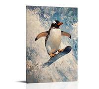 GFGPSALZU Animal Oil Painting- A Penguin Snowboarding Downhill through Icy Terrain, Arms Out for Balance Fashionable Wall Decor - Hanging Art Poster And Mural16x24inch(40x60cm)